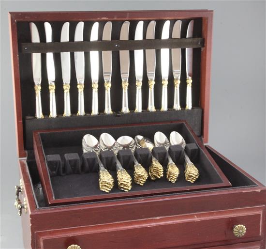 A comprehensive Golden Grande Baroque pattern parcel gilt silver canteen of cutlery, by Wallace Silversmiths (108 pieces)